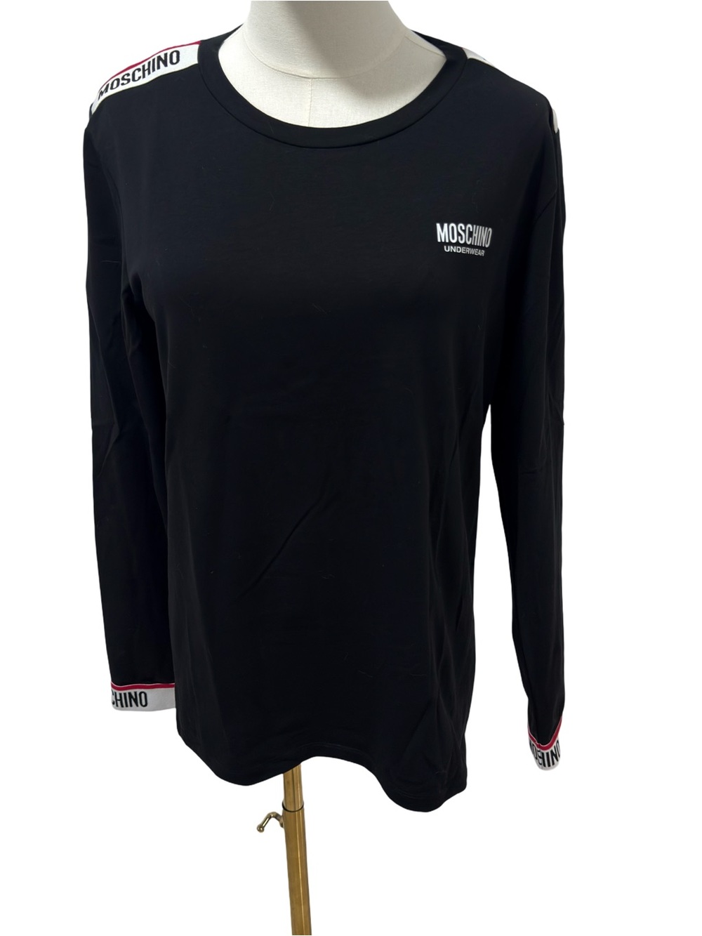 Moschino Black Long-Sleeve Logo Tee with Branded Shoulder & Cuff Trim